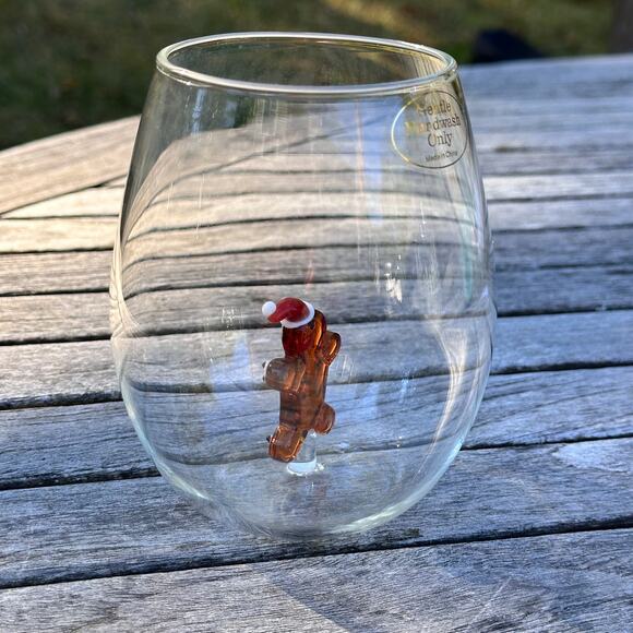New Handblown Glass Stemless Wine Glass Decorated Gingerbread Man Holiday Décor - Picture 5 of 11